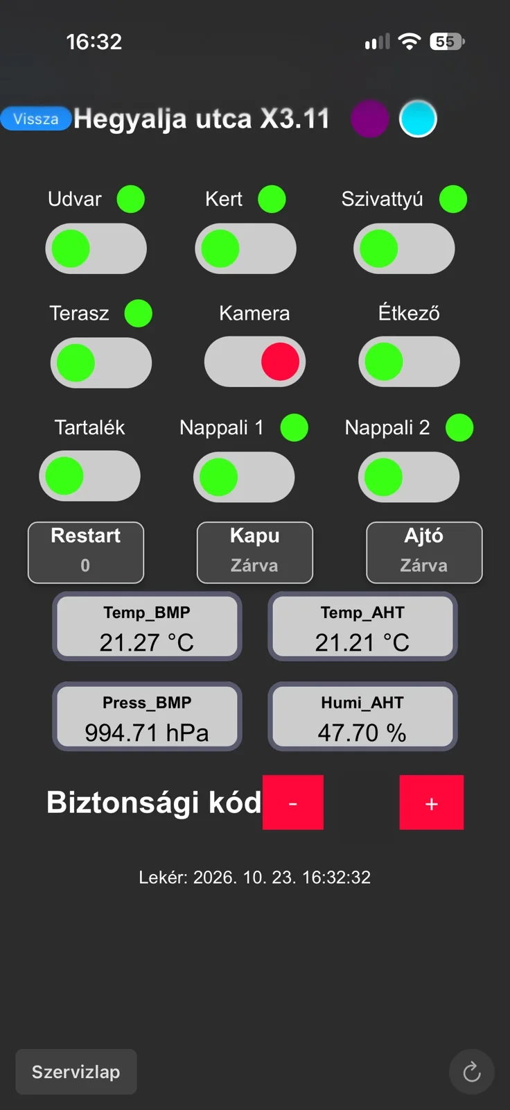 Hegyalja kezelőfelület kapcsolókkal és környezeti mérési adatokkal