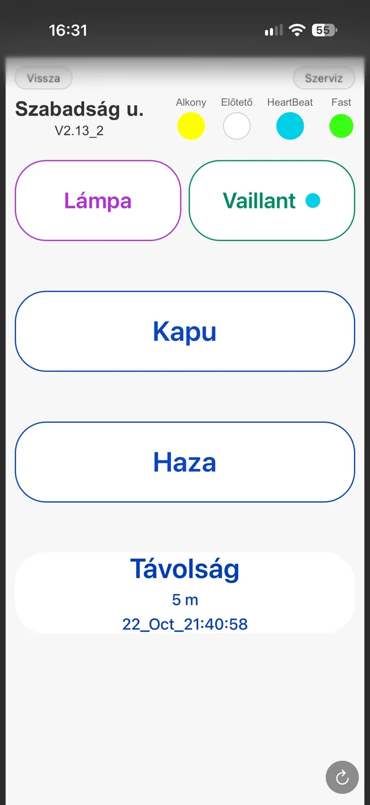 Szabadság utcai mobilos kezelőlap nagy lámpa és kapu vezérlőkkel